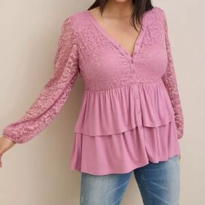 Torrid Babydoll Lace Super Soft Mix Tiered Button-Down Top